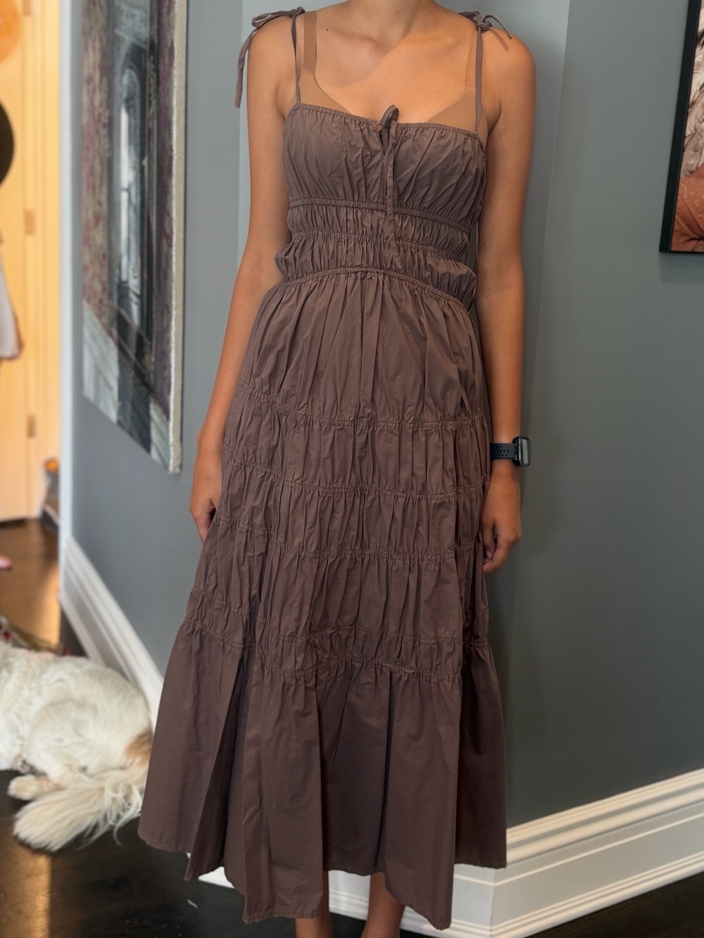 NICHOLAS Chocolate Brown Smocked Midi Dress with Tie Straps